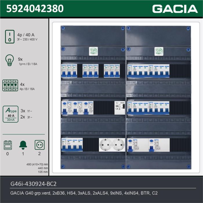 GACIA G46i-430924-BC2, 3-fase groepenkast 40A met installatieautomaten, 13-groepen, beltrafo, 2V-contactdoos, technische gegevens