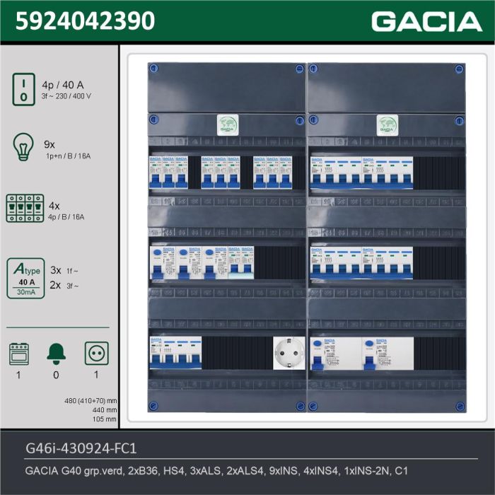 GACIA G46i-430924-FC1, 3-fase groepenkast 40A met installatieautomaten, 14-groepen, fornuisgroep, 1V-contactdoos, technische gegevens