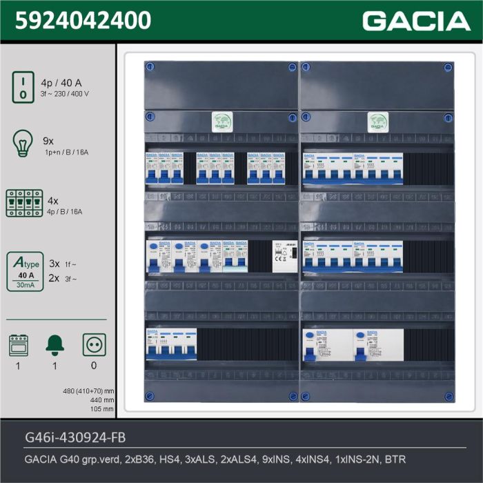 GACIA G46i-430924-FB, 3-fase groepenkast 40A met installatieautomaten, 14-groepen, fornuisgroep, beltrafo, technische gegevens