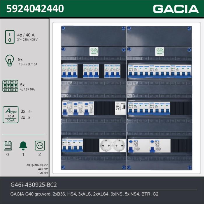 GACIA G46i-430925-BC2, 3-fase groepenkast 40A met installatieautomaten, 14-groepen, beltrafo, 2V-contactdoos, technische gegevens