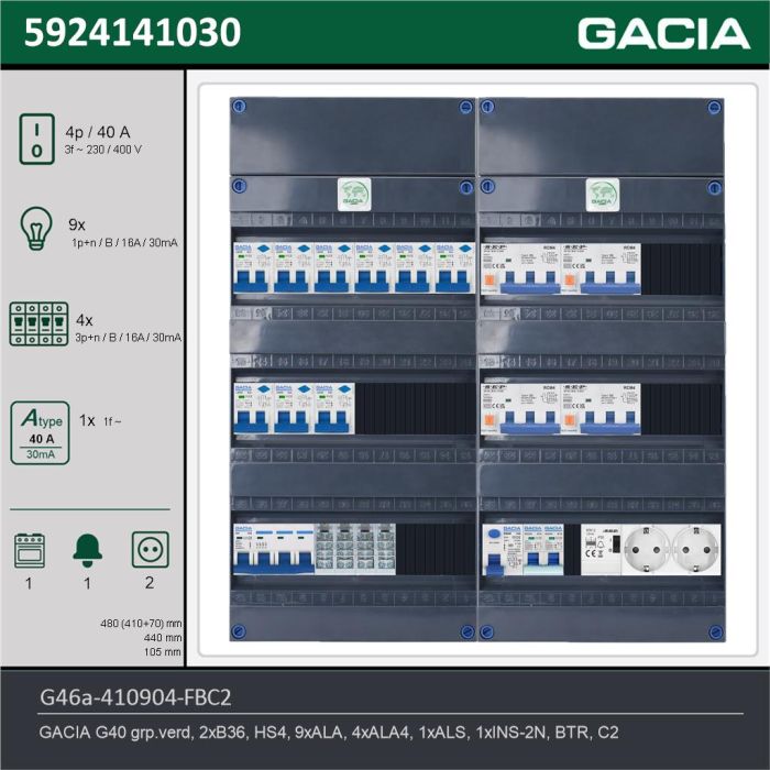 GACIA G46a-410904-FBC2, 3-fase groepenkast 40A met aardlekautomaten, 14-groepen, fornuisgroep, beltrafo, 2V-contactdoos, technische gegevens