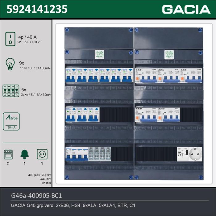 GACIA G46a-400905-BC1, 3-fase groepenkast 40A met aardlekautomaten, 14-groepen, beltrafo, 1V-contactdoos, technische gegevens