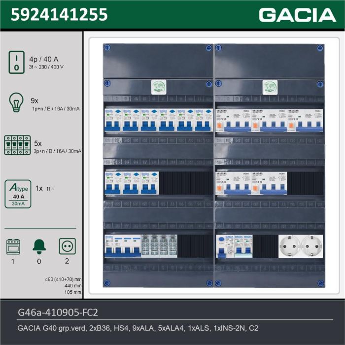 GACIA G46a-410905-FC2, 3-fase groepenkast 40A met aardlekautomaten, 15-groepen, fornuisgroep, 2V-contactdoos, technische gegevens