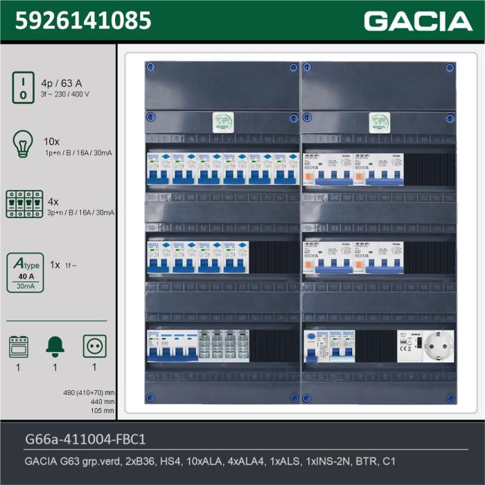 GACIA G66a-411004-FBC1, 3-fase groepenkast 63A met aardlekautomaten, 15-groepen, fornuisgroep, beltrafo, 1V-contactdoos, technische gegevens