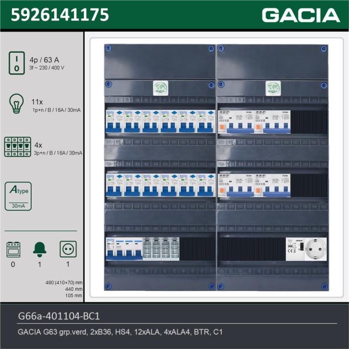 GACIA G66a-401104-BC1, 3-fase groepenkast 63A met aardlekautomaten, 15-groepen, beltrafo, 1V-contactdoos, technische gegevens