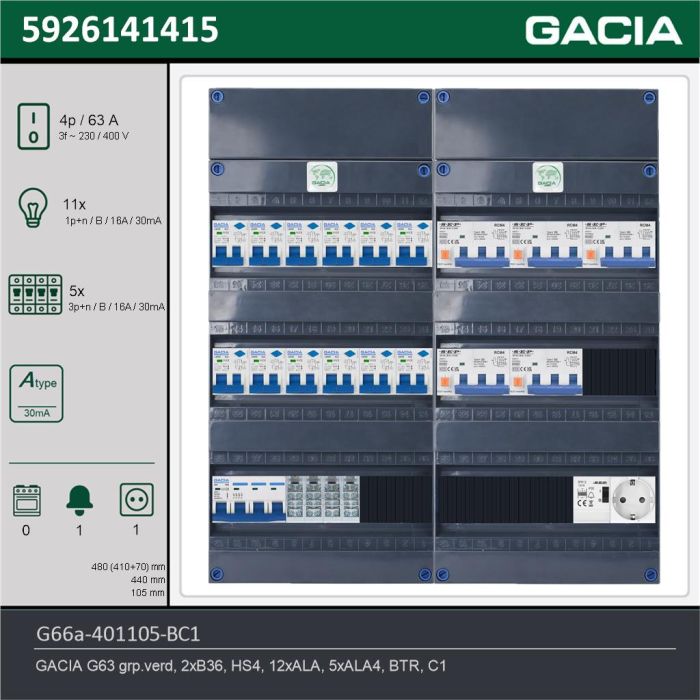 GACIA G66a-401105-BC1, 3-fase groepenkast 63A met aardlekautomaten, 16-groepen, beltrafo, 1V-contactdoos, technische gegevens