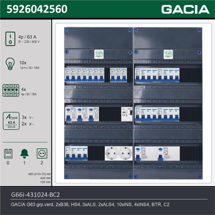 GACIA G66i-431024-BC2, 3-fase groepenkast 63A met installatieautomaten, 14-groepen, beltrafo, 2V-contactdoos, technische gegevens