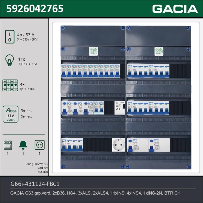 GACIA G66i-431124-FBC1, 3-fase groepenkast 63A met installatieautomaten, 16-groepen, fornuisgroep, beltrafo, 1V-contactdoos, technische gegevens