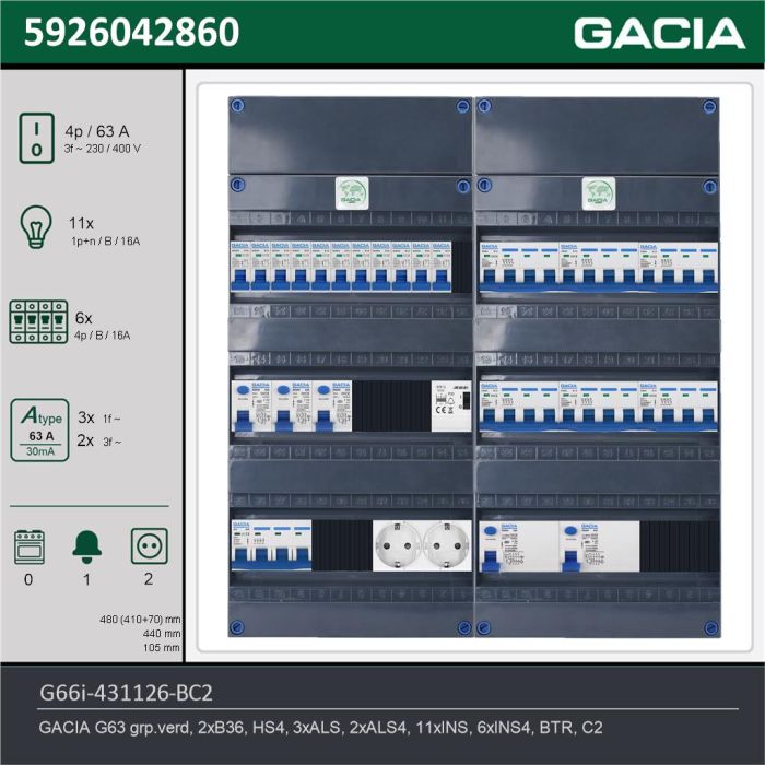 GACIA G66i-431126-BC2, 3-fase groepenkast 63A met installatieautomaten, 17-groepen, beltrafo, 2V-contactdoos, technische gegevens