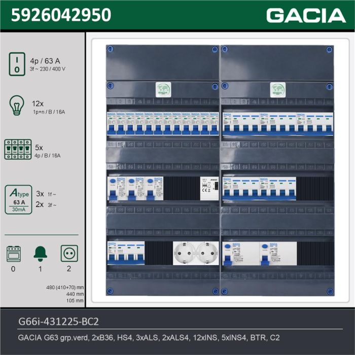GACIA G66i-431225-BC2, 3-fase groepenkast 63A met installatieautomaten, 17-groepen, beltrafo, 2V-contactdoos, technische gegevens