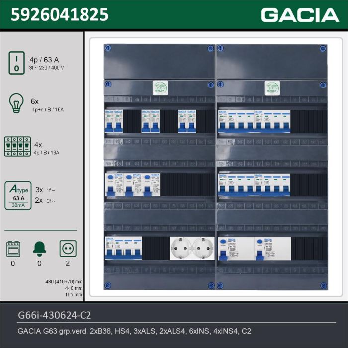 GACIA G66i-430624-C2, 3-fase groepenkast 63A met installatieautomaten, 10-groepen, 2V-contactdoos, technische gegevens