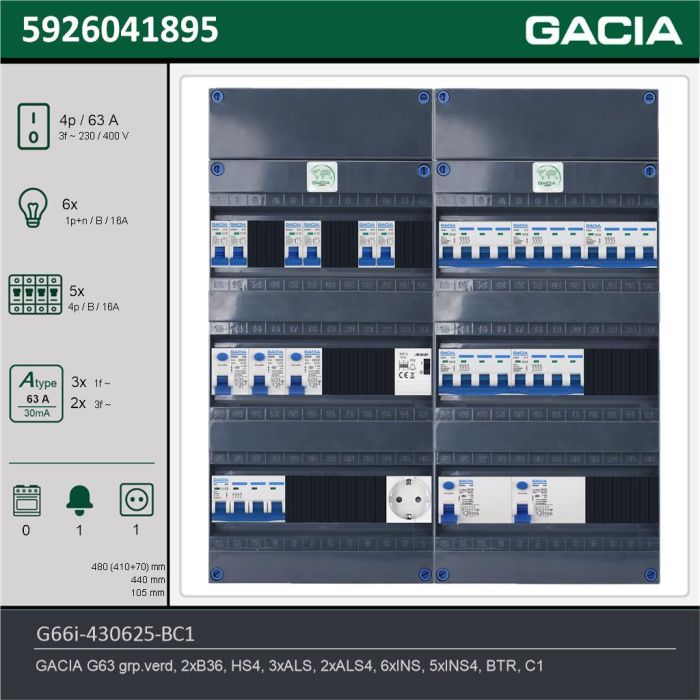 GACIA G66i-430625-BC1, 3-fase groepenkast 63A met installatieautomaten, 11-groepen, beltrafo, 1V-contactdoos, technische gegevens