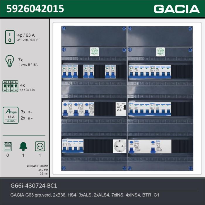 GACIA G66i-430724-BC1, 3-fase groepenkast 63A met installatieautomaten, 11-groepen, beltrafo, 1V-contactdoos, technische gegevens