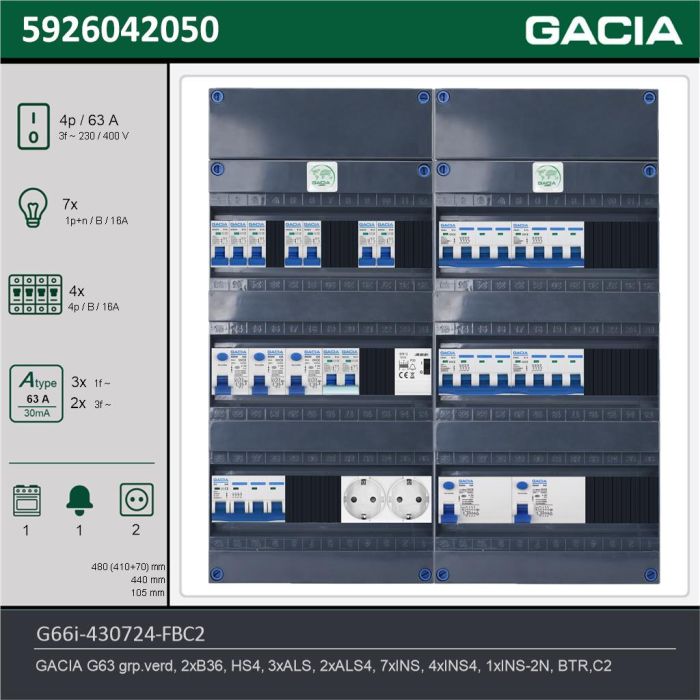 GACIA G66i-430724-FBC2, 3-fase groepenkast 63A met installatieautomaten, 12-groepen, fornuisgroep, beltrafo, 2V-contactdoos, technische gegevens