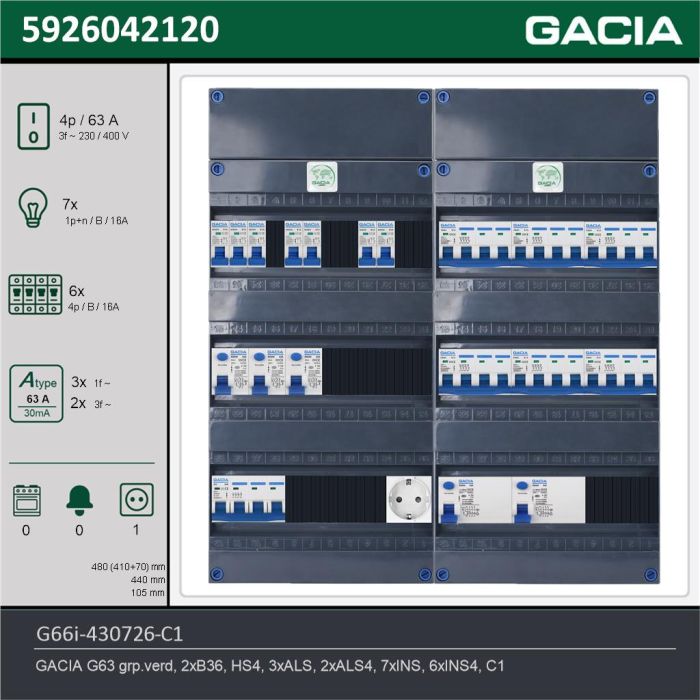 GACIA G66i-430726-C1, 3-fase groepenkast 63A met installatieautomaten, 13-groepen, 1V-contactdoos, technische gegevens