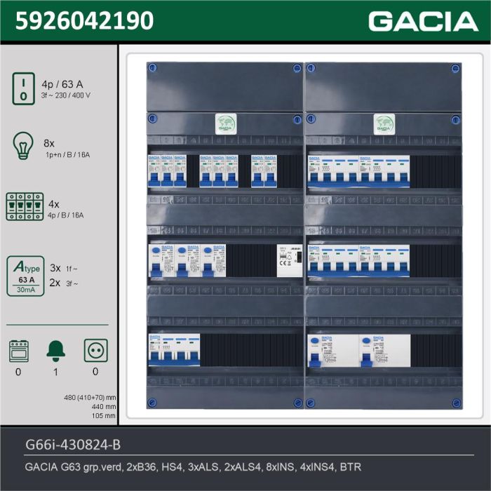 GACIA G66i-430824-B, 3-fase groepenkast 63A met installatieautomaten, 12-groepen, beltrafo, technische gegevens