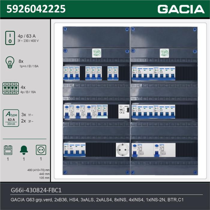 GACIA G66i-430824-FBC1, 3-fase groepenkast 63A met installatieautomaten, 13-groepen, fornuisgroep, beltrafo, 1V-contactdoos, technische gegevens