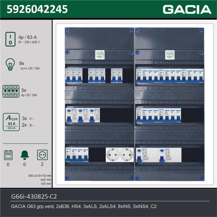 GACIA G66i-430825-C2, 3-fase groepenkast 63A met installatieautomaten, 13-groepen, 2V-contactdoos, technische gegevens