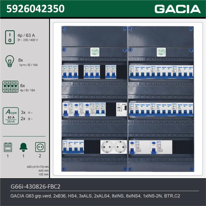 GACIA G66i-430826-FBC2, 3-fase groepenkast 63A met installatieautomaten, 15-groepen, fornuisgroep, beltrafo, 2V-contactdoos, technische gegevens
