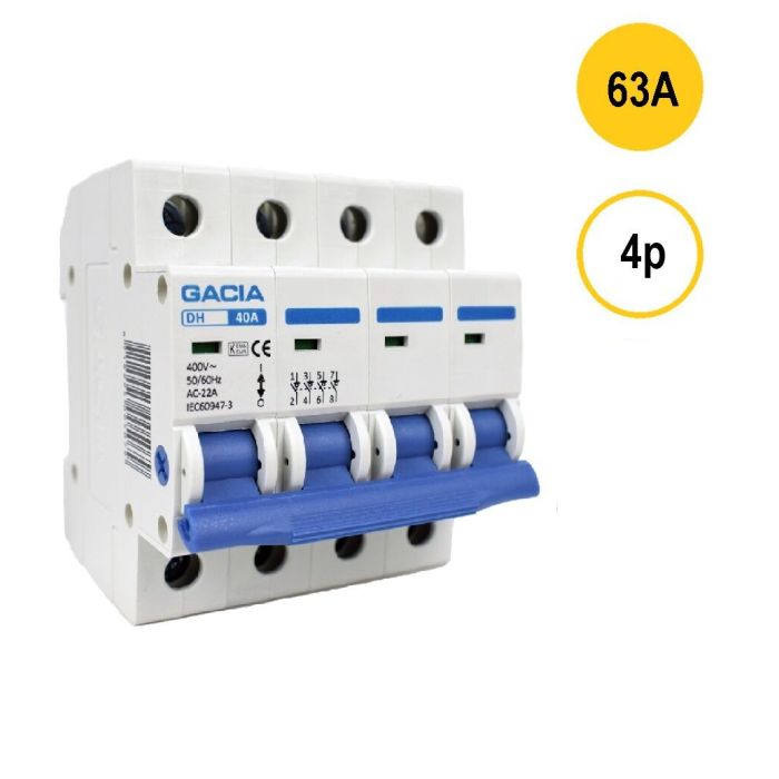 GACIA DH-463, lastschakelaar 4-polig 63A geschikt voor DIN-rail montage - hoofdschakelaar met 4 module breedte, type AC-22A, geleverd door Schotman Elektro