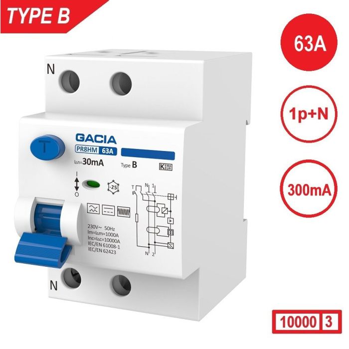 GACIA PR8M-B6323 type B aardlekschakelaar – 2-polig (1P + N), 63 A, 300 mA, 10 kA, front-aanzicht.