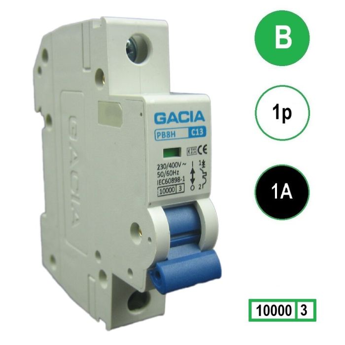 GACIA PB8H-1B16 – 1-polig installatieautomaat 1A B-karakteristiek 10kA - schuin rechts georiënteerde productafbeelding