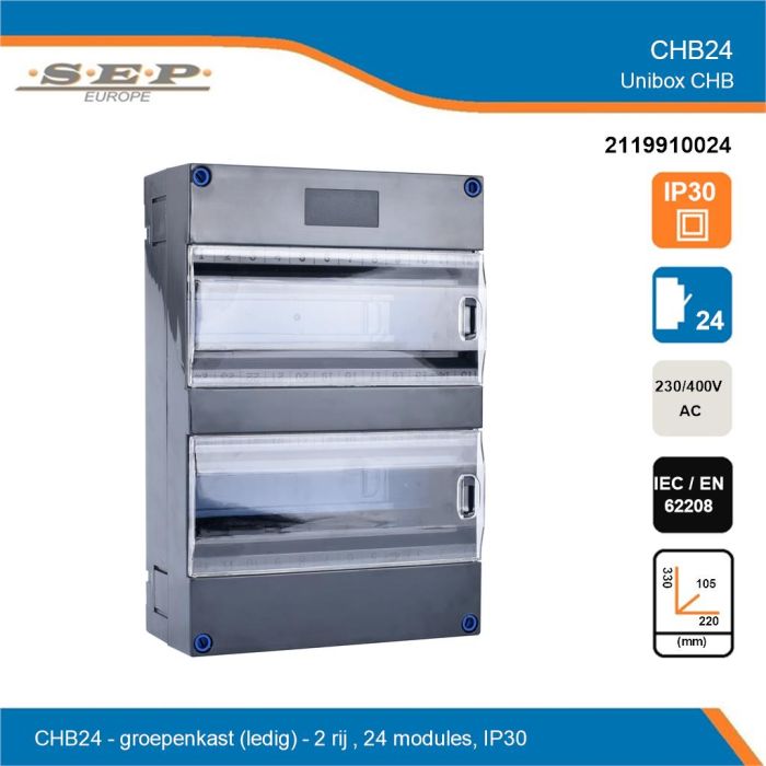 SEP UniBox CHB24 groepenkast – Lege kast met montagerail – 2 rijen 24 modulen - overzicht