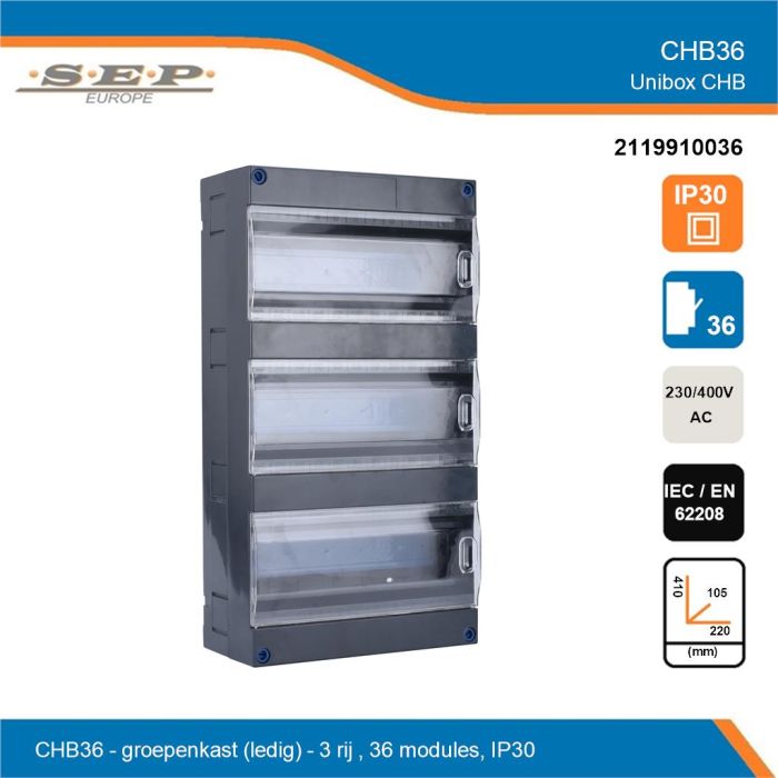 SEP UniBox CHB36 groepenkast – Lege kast met montagerail – 3 rijen 36 modulen - overzicht