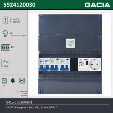 GACIA G41a-200200-BC1, 1-fase groepenkast 40A met aardlekautomaten, 2-groepen, beltrafo, 1V-contactdoos, technische gegevens