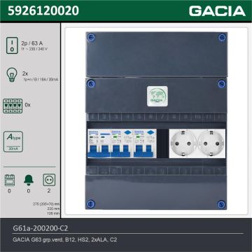 GACIA G61a-200200-C2, 1-fase groepenkast 63A met aardlekautomaten, 2-groepen, 2V-contactdoos, technische gegevens