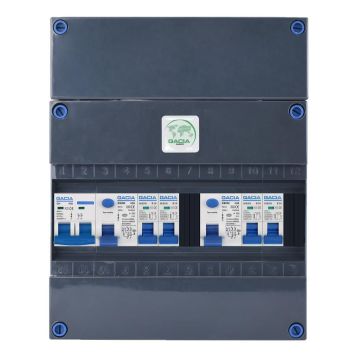 GACIA G122040 groepenkast - 1-fase, 40A hoofdschakelaar, 2 aardlekschakelaars, 4 groepen met verhoogde buisinvoer - vooraanzicht
