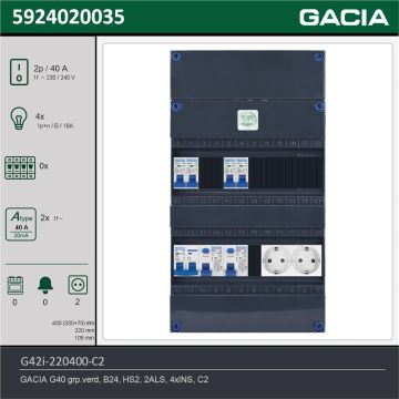 GACIA G42i-220400-C2, 1-fase groepenkast 40A met installatieautomaten, 4-groepen, 2V-contactdoos, technische gegevens