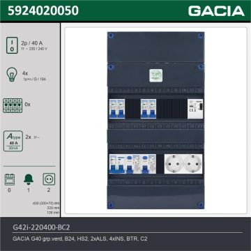 GACIA G42i-220400-BC2, 1-fase groepenkast 40A met installatieautomaten, 4-groepen, beltrafo, 2V-contactdoos, technische gegevens