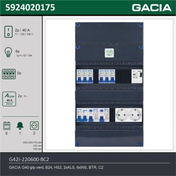 GACIA G42i-220600-BC2, 1-fase groepenkast 40A met installatieautomaten, 6-groepen, beltrafo, 2V-contactdoos, technische gegevens