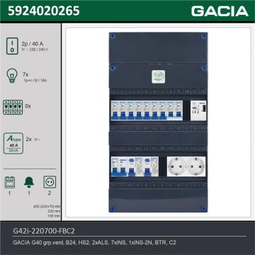 GACIA G42i-220700-FBC2, 1-fase groepenkast 40A met installatieautomaten, 8-groepen, fornuisgroep, beltrafo, 2V-contactdoos, technische gegevens