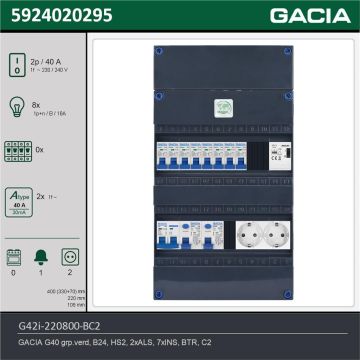 GACIA G42i-220800-BC2, 1-fase groepenkast 40A met installatieautomaten, 8-groepen, beltrafo, 2V-contactdoos, technische gegevens