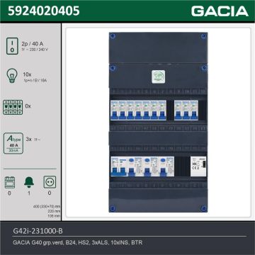 GACIA G42i-231000-B, 1-fase groepenkast 40A met installatieautomaten, 10-groepen, beltrafo, technische gegevens