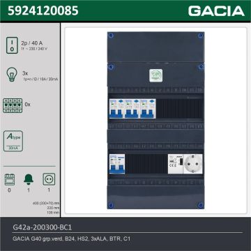 GACIA G42a-200300-BC1, 1-fase groepenkast 40A met aardlekautomaten, 3-groepen, beltrafo, 1V-contactdoos, technische gegevens