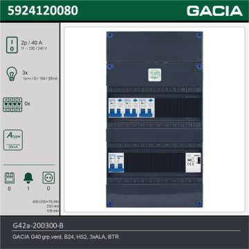 GACIA G42a-200300-B, 1-fase groepenkast 40A met aardlekautomaten, 3-groepen, beltrafo, technische gegevens