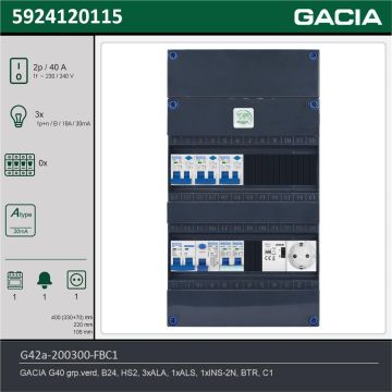 GACIA G42a-200300-FBC1, 1-fase groepenkast 40A met aardlekautomaten, 4-groepen, fornuisgroep, beltrafo, 1V-contactdoos, technische gegevens