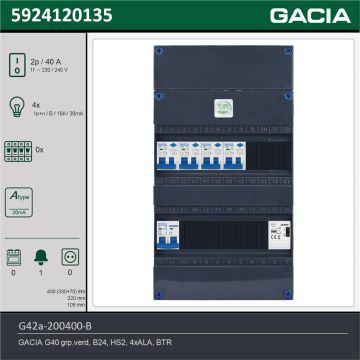 GACIA G42a-200400-B, 1-fase groepenkast 40A met aardlekautomaten, 4-groepen, beltrafo, technische gegevens