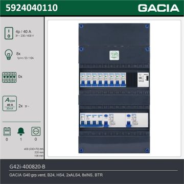 GACIA G42i-400820-B, 3-fase groepenkast 40A met installatieautomaten, 8-groepen, beltrafo, technische gegevens