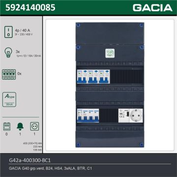 GACIA G42a-400300-BC1, 3-fase groepenkast 40A met aardlekautomaten, 3-groepen, beltrafo, 1V-contactdoos, technische gegevens