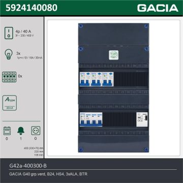 GACIA G42a-400300-B, 3-fase groepenkast 40A met aardlekautomaten, 3-groepen, beltrafo, technische gegevens
