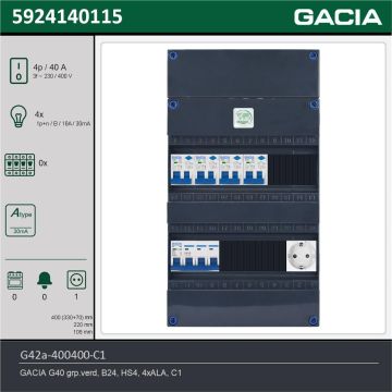 GACIA G42a-400400-C1, 3-fase groepenkast 40A met aardlekautomaten, 4-groepen, 1V-contactdoos, technische gegevens