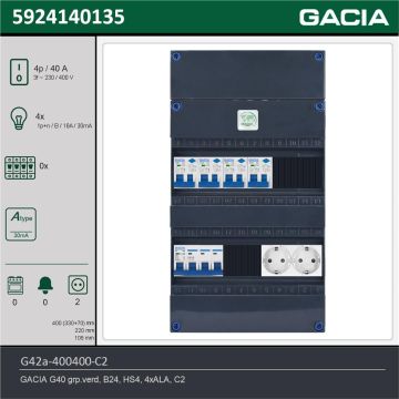 GACIA G42a-400400-C2, 3-fase groepenkast 40A met aardlekautomaten, 4-groepen, 2V-contactdoos, technische gegevens