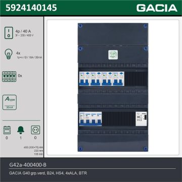 GACIA G42a-400400-B, 3-fase groepenkast 40A met aardlekautomaten, 4-groepen, beltrafo, technische gegevens