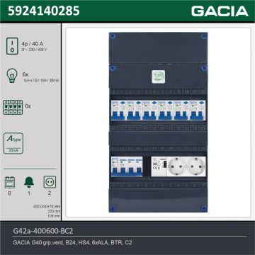 GACIA G42a-400600-BC2, 3-fase groepenkast 40A met aardlekautomaten, 6-groepen, beltrafo, 2V-contactdoos, technische gegevens