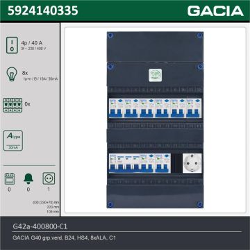 GACIA G42a-400800-C1, 3-fase groepenkast 40A met aardlekautomaten, 8-groepen, 1V-contactdoos, technische gegevens