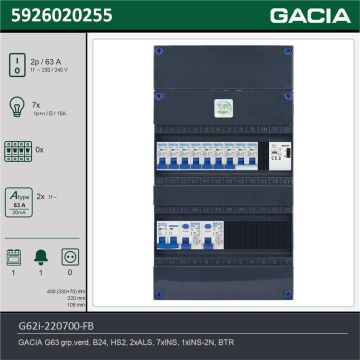 GACIA G62i-220700-FB, 1-fase groepenkast 63A met installatieautomaten, 8-groepen, fornuisgroep, beltrafo, technische gegevens